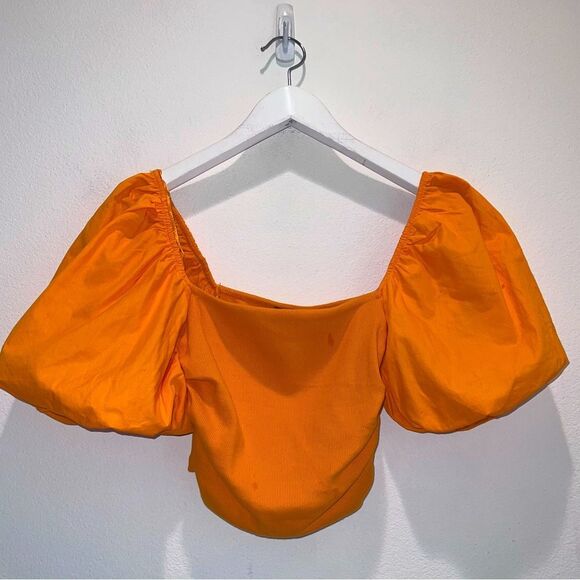 Zara Neon Orange Puff Sleeve Ruched Crop Top - Picture 9 of 9